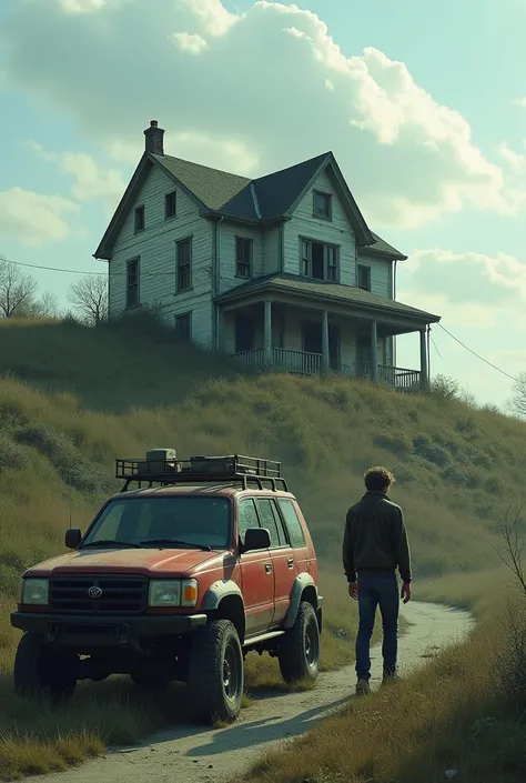  Casey drives past an abandoned house on a hill.  She stops , turns off the engine .