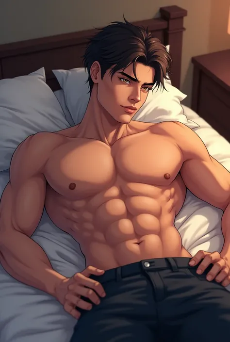 A handsome young guy without a beard ,  shirtless really sexy and seductive,  with a marked and defined abdomen in a sexy position, that it is anime style, lying on the bed 