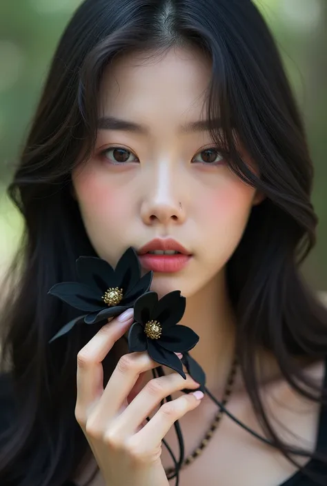 Close-up ,  a close up of a woman with long hair wearing a necklace and black flowers on her hand, jisoo de blackpink, Retrato de Jisoo de Blackpink, Parque Roseanne do Blackpink, Parque Ji-min, Lalisa Manobal, Jisoo de Blackpink, Heonhwa Choe,  Korean ido...