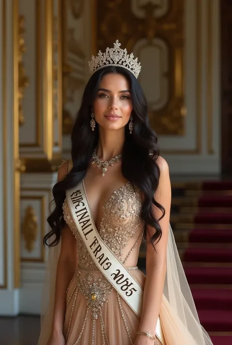 Prompt: This image captures a scene of regal splendor, featuring a majestic woman who embodies grace and nobility. She stands tall in an opulent setting, her long, dark, wavy hair cascading down her shoulders. The focal point is her breathtaking beige gown...