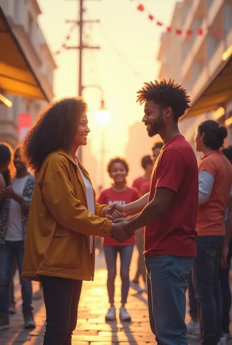 People shaking hands or carrying donations.