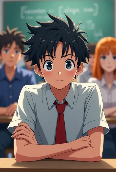 
Make a student (young adult male college student) now in class , Sitting and focused, Full of energy,  while others are sleepy . ( anime style)