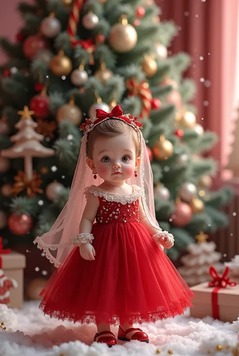 A realistic little baby girl wearing a red Christmas bride and an extremely flamboyant Christmas wreath standing the environment and a pink Christmas room with snow