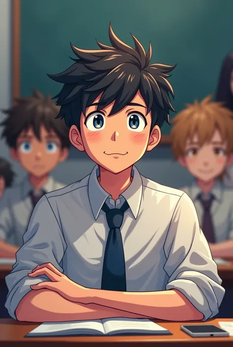 
Make a student (young adult male college student) now in class , Sitting and focused, Full of energy,  while others are sleepy . ( anime style)