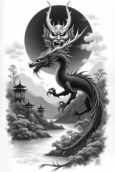  create a realistic black and white drawing for me.. a dragon with an oriental theme and landscape ,  I want the background to have a hannya from culture ,  and that around it I can also see some shaded oriental waves 
