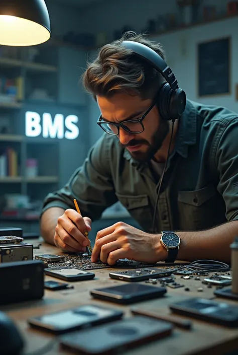 a man who is repairing some cellphones carefully while listening to music and there is a writing "BMS"
