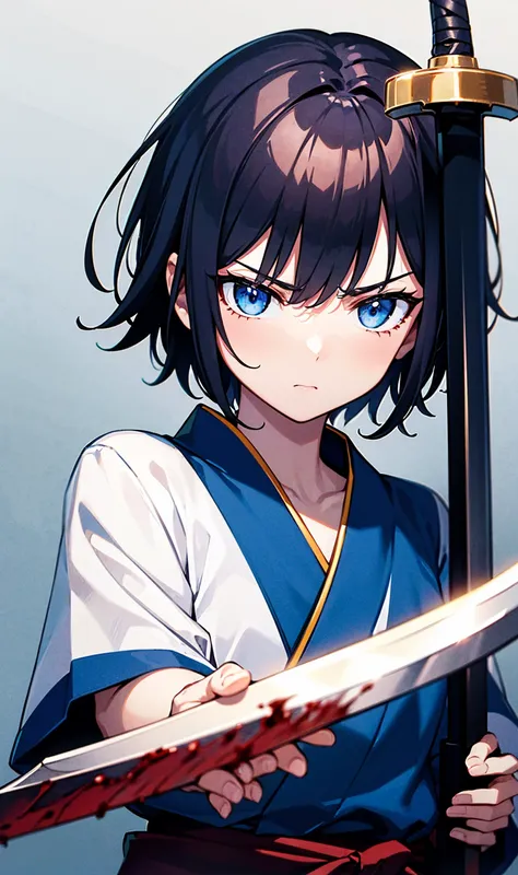  One Man、 holding a sword 、 bleeding from head、Tattered Blue Kimono 、 Glaring Eyes 、Short black hair、Pale blue eyes、 With s Behind High Resolution,  High Quality ,  Ultra High Definition, 