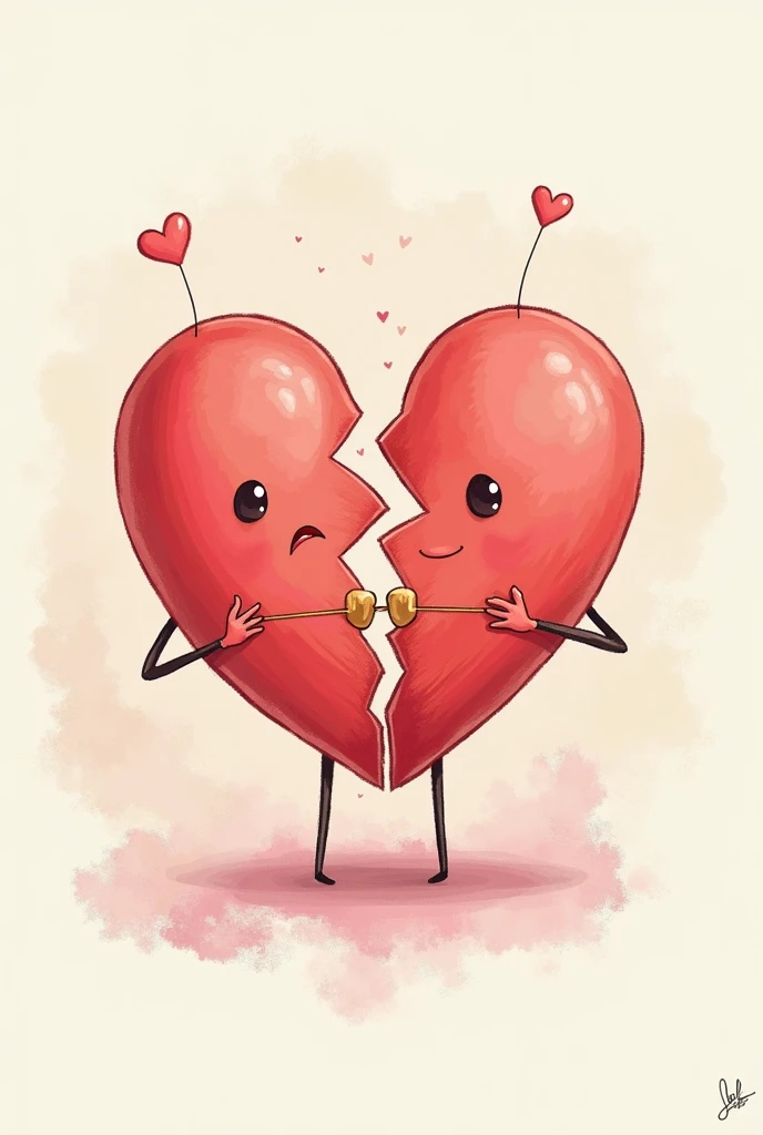  A heart broken into two halves , similar al emoji ❤️,  but stylized as a drawing or illustration .
	 • Both halves of the heart are linked with a delicate thread ,  as if someone were trying to prevent them from separating completely .
	 • The thread coul...