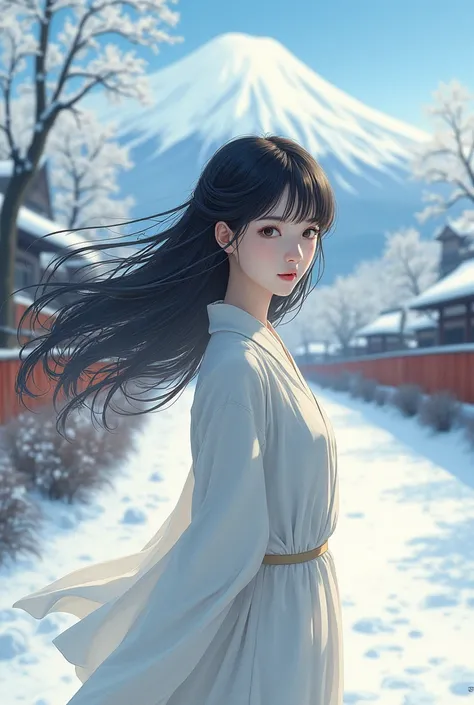  full length girl with long hair, winter in the background, Japanese path , the wind is blowing,  Anime style 