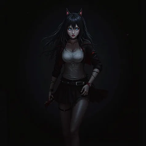 1woman with cat ears, blue eyes, long hair, holding bloody knife, dangerous.