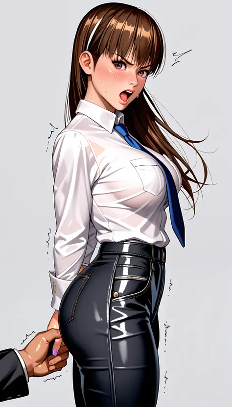 DOALeiFang, LeiFangDOA, gasp, 1girl, 1male, {{{{ Man holding girls butt }}}}, shiny black pants, shiny white business shirt, arm-behind-back, {{ and bend your body backwards }}, OL, be breathless, sweat, sparkling sweat, trembling, long brown straight hair...