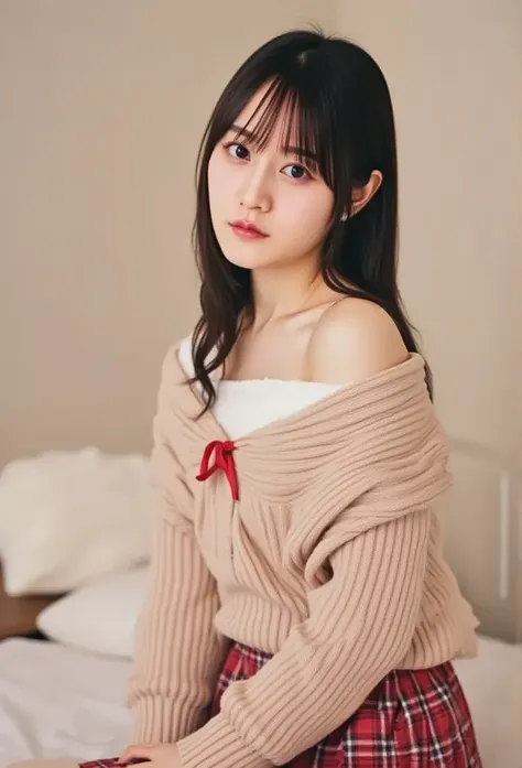 (((8k、 high definition 、 top quality、 high definition )))Alone、natural body shape、 white skin、Natural Cosmetics 、 black hair 、bangs、 long straight hair、、((High School Uniform)) 、(( Beige Cardigan 、 Adult young man composition  ))、(( red plaid pleated skirt...