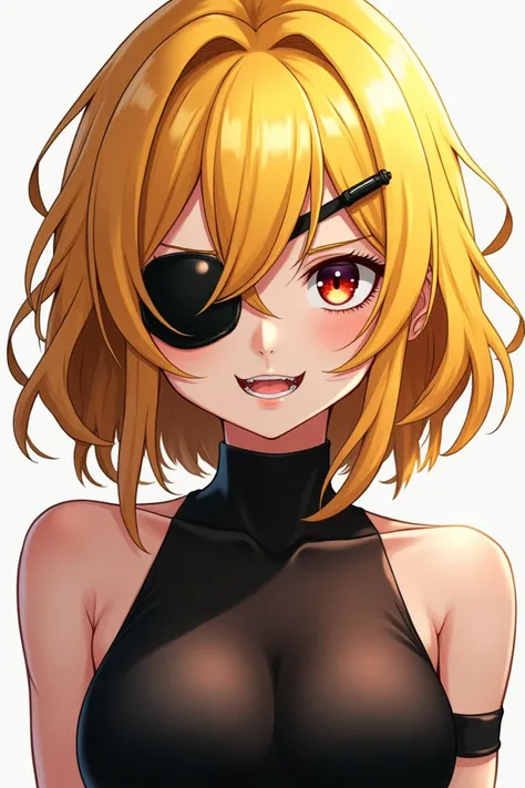 Bill as a yellow-haired girl  (anime),  hot anime girl with an evil smile, dominant,  with an eye patch