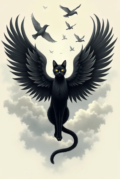 Make me an avatar design of a black cat with wings for a tattoo with a simple design that has birds surrounding it as if it were in the sky 