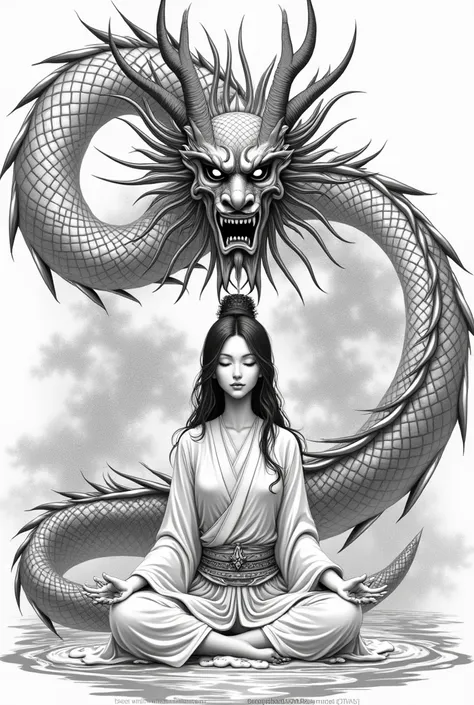  create a realistic black and white drawing for me.. a dragon with an oriental theme and landscape ,  I want the background to have a hannya from culture ,  and that around it I can also see some shaded oriental waves. And put a woman in the middle with he...