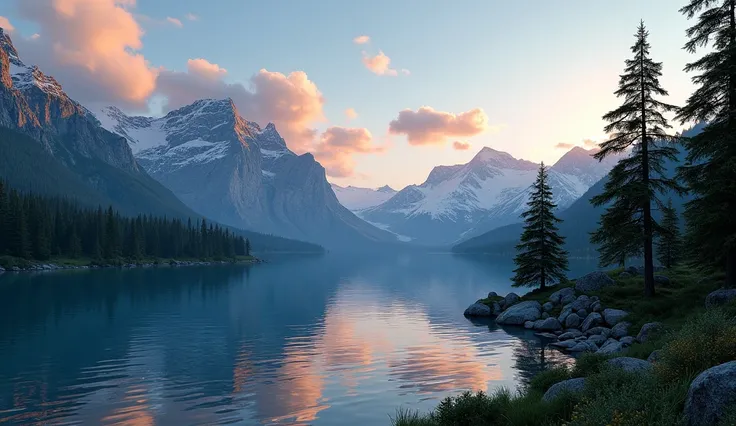  A crystalline alpine lake surrounded by impressive rocky mountains,  a sunset in the blue and orange sky with scattered clouds , pine trees in the foreground , photorealistic style, 8K, --ar 16:9