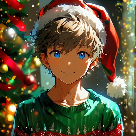  A boy only wearing a green Christmas hat ,Light brown hair  , and blue eyes green shirt with white Christmas looks at you intently smile and pants in green pajamas Simple background,  animated, 
