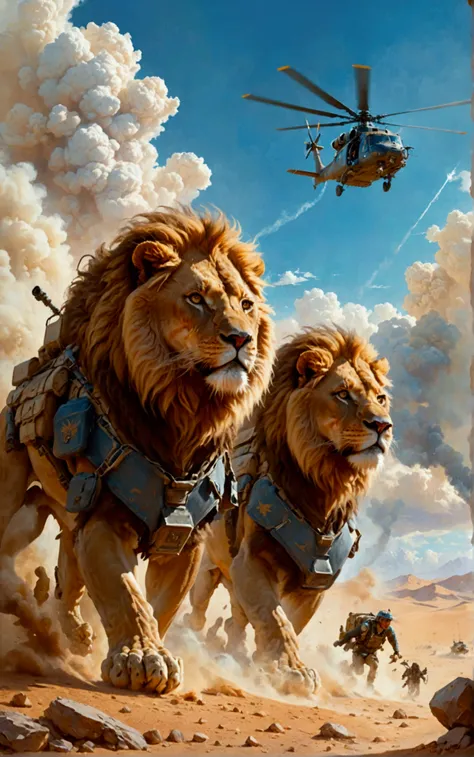 In a realistic front view captured on camera, three giant lions in the shape of muscular war soldiers walk slowly on foot. In front of the camera across the desert landscape, a light cloud of dust rises beneath their feet, adding to the intensity of their ...