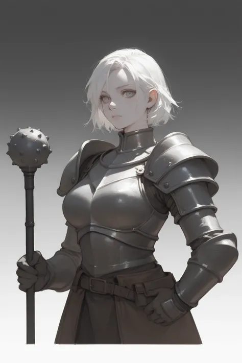 A character portrait picture of a female warrior in front of a detailed fortress background. Physically, the warrior has a (medium build), with pale skin, and is holding a mace. Her white hair is short. She has range eyes, and also big breast. She is weari...