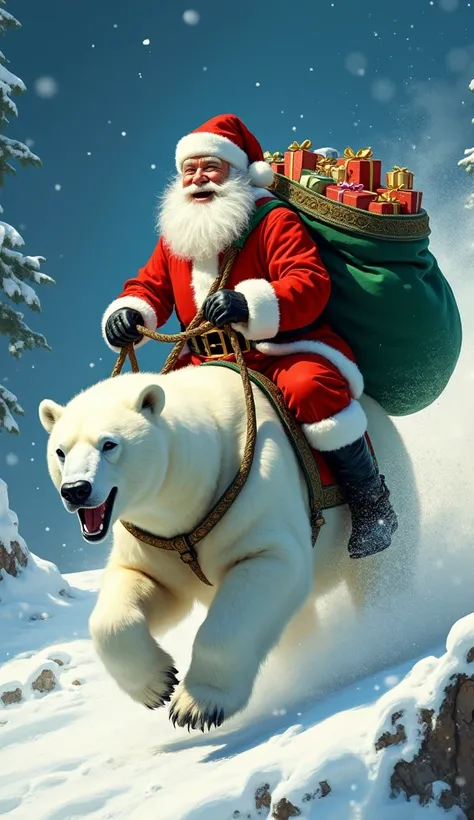 A whirlwind of speed and excitement, santa sits astride a polar bear as it gallops across the screen, he laughs with glee, santas grin illuminates the picture. he is carrying a large embroidered emerald green sack that is overflowing with presents.The pain...