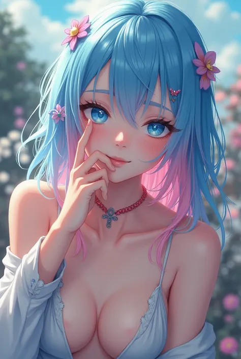  without clothes (  masterpiece ), ((( higher quality )), (super detailed), 1 , (Caceado , colored hair,  hair half blue and half pink: 1.2), , (yuknoa: 1.2), open air, fringe, smile,  heavenly blue eyes,  perfect hands,  perfect hands, hand details, corre...