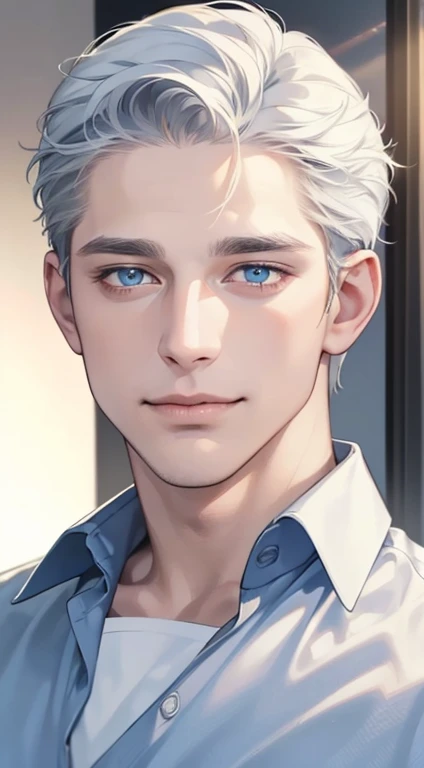 (best quality, masterpiece, 8K, photorealistic, cinematic lighting, hdr image, ultra detailed, beautiful image), 1 man, 31 years old, mature man, very handsome, (without expression, smile), short white hair, blue eyes ( penetrating gaze), perfect face with...