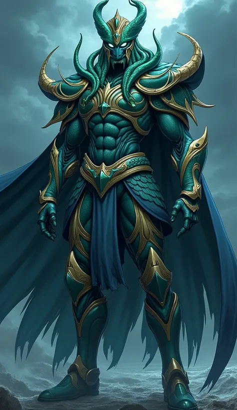 /imagine prompt: A dynamic 2D artwork showcasing Cthulhu Armor in the style of Saint Seiya Knights of the Zodiac, the armor is masterfully crafted with elements of dark oceanic blues and eerie greens, featuring organic, flowing tentacle designs and rugged ...