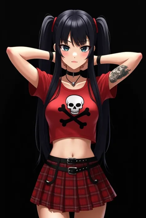 The image of a young Japanese woman witha big breast and long black hair styled in two pigtails. She is wearing a red crop top with a skull design on it, a black choker necklace, and a red plaid skirt with a black belt. She has a tattoo on her left arm and...