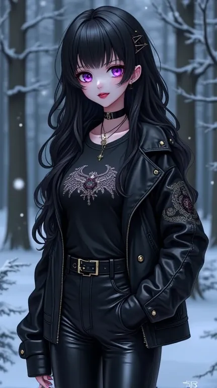 Gothices Mädchen,1 girl,((extremely lovable and beautiful black haired anime Gothices Mädchen)),((())),(big boobs:1.2),((((black wavy hair:1.35,absurdly long unkempt hair,tousled head,colored inner hair,Ohratmung)))),((Heterochromie:1.5, (Purple_eye and re...