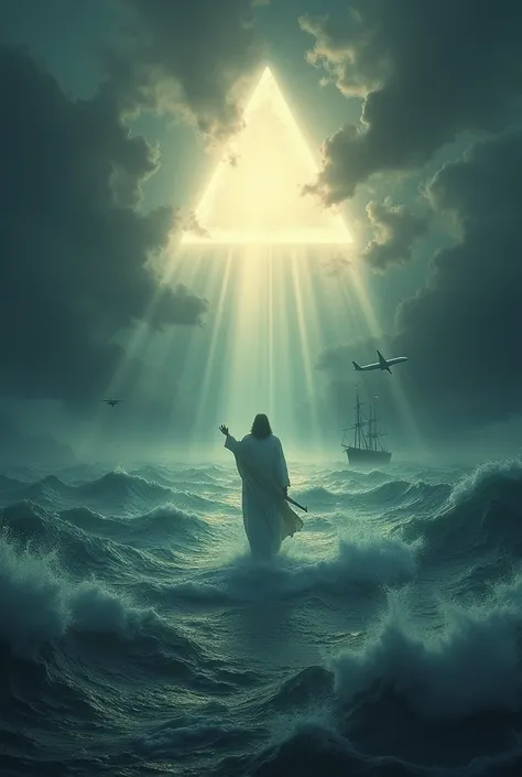  A stormy ocean with towering waves and a mysterious glowing triangle in the sky.  A ship and a plane disappearing in the glowing vortex ,  surrounded by rays and dark clouds ."
With Jesus over the water  