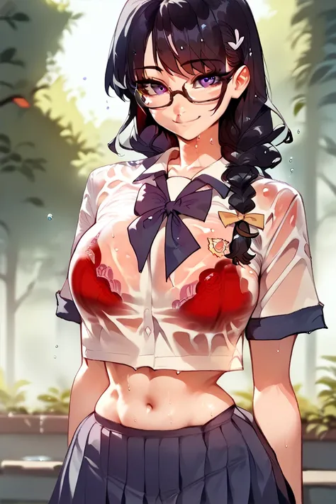 (1girl), (black hair:1.1), (braid:1.1), (glasses), (purple eyes), (smile), (breast), (Intricate Iris Details), (stomach), (outdoor), (looking at viewer), (visible through clothes), (Wet clothes), (red bra), (School uniform)