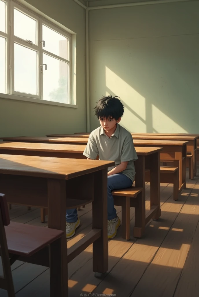 A student sitting alone in class on the bench