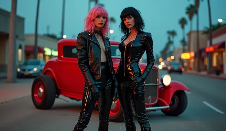 realistic photo , 2 punk woman standing , wearing shinny pvc jumpsuit , shinny pvc jacket , wearing shinny pvc thigh high boots , shinny pvc gloves , in californian street at dusk with ford 32 hot rod