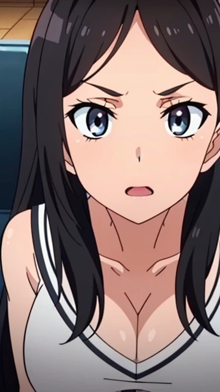 ((table top, highest quality, High resolution, anime screen cap, anime colors, In 8K, anime key visual)):1.5, Blowmailing, 1 girl, cute, blush, (long black hair:1.5), 18 years, big breasts, inner,shorts, ((perfect anatomy, beautiful and detailed face, deta...