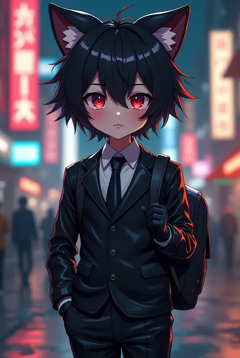   Boy in his early teens、Chibi、  black hair、 split in the center 、Cat ears、しっぽ、 shiny black leather suit、 white shirt、 black tie、Shiny black gloves、 carry a shiny black elementary school backpack、 downtown at night、neon、3d