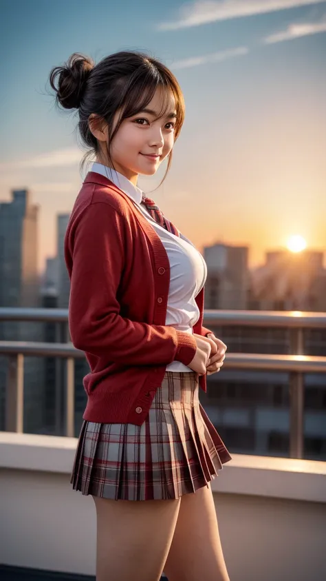   Detailed portrait of a beautiful young Japanese woman in a high school girl uniform standing on a rooftop in a bright red sunset,Well-balanced,  Long Hair Fluttering in the Wind  , red tie , shirt, cardigan, blazer, plaid super short pleated mini skirt  ...