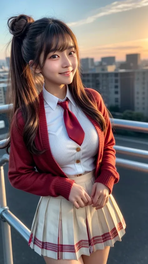   Detailed portrait of a beautiful young Japanese woman in a high school girl uniform standing on a rooftop in a bright red sunset,Well-balanced,  Long Hair Fluttering in the Wind  , red tie , shirt, cardigan, blazer, plaid super short pleated mini skirt  ...