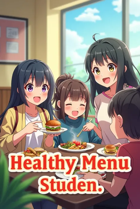 
• Scene :  The happy student sharing the healthy menu with friends!.
• Text: " Because taking care of yourself has never been easier ... Try the healthy menu !". ( anime style)