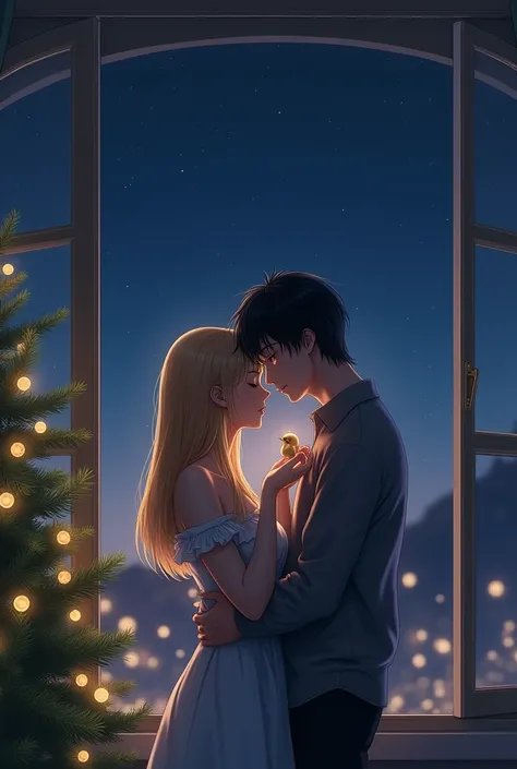 
You think of a night scene. A black-haired man and a blonde-haired woman are embracing each other in front of a large window. The woman has a baby bird gently held in her palm. On the side is a Christmas 