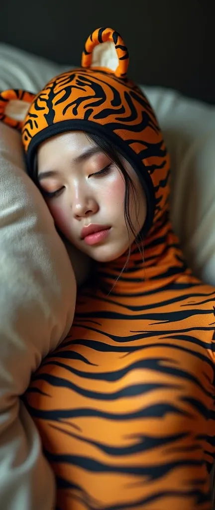 the beautiful Asian Chinese adult woman girl with most shiny beautiful cheeks and thinest body wears tiger with seamless stripes lycra turtleneck unitard catsuit covered with seamless stripes and always wearing tiger lycra inner hood-like swimming cap-like...