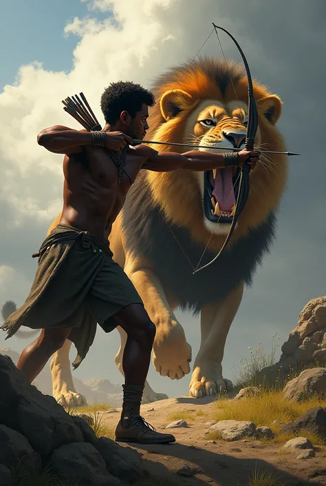 Young black warrior shooting an arrow at a roaring lion