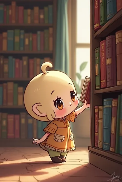 Chibi pose finding book on the bookshelf 