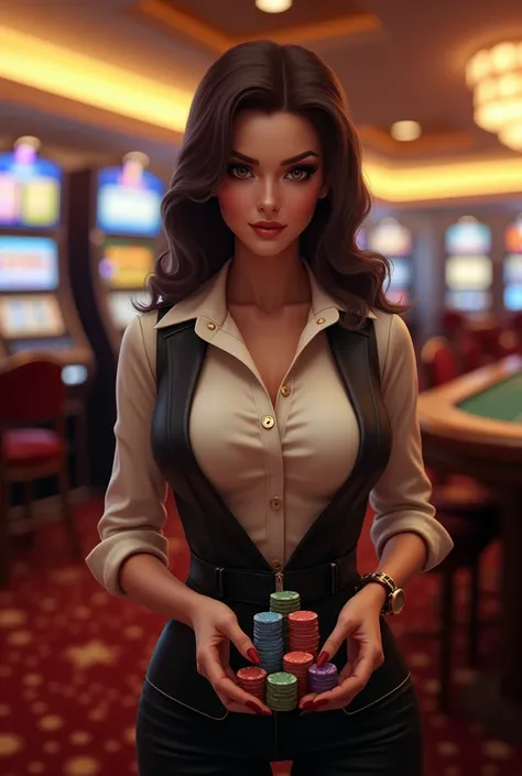 The sexy woman who works at the casino in the casino area is holding poker chips while waiting for the players to arrive