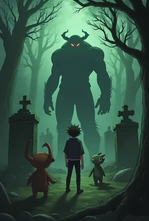  Draw a Digimon trainer with a demidevimon and an ogremon as companions,  they must be in a cemetery ,  all 3 looking reflective , and the environment must be dark ,  but with shades of dark green and some haze .