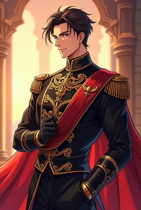   full anime images  ,Young Prince, Men with a strong, graceful figure ,  Muscular men ,Elegant and confident  . . He has a spectacular appearance  ,  , with a firm face color and an elegant posture  .  Wear a  ,   black and gold royal dress, adorned with ...