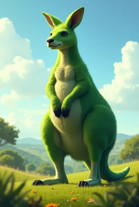 a green color big kangaroo at afternoon and realistic image 