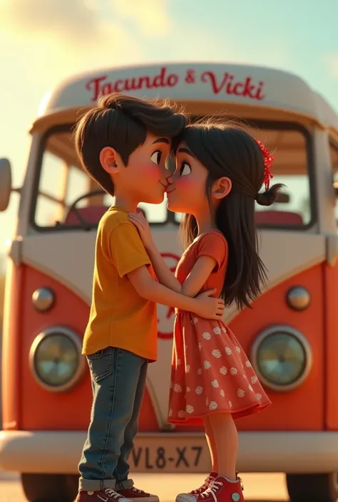 Photo of a boy and girl kissing animated that they are called Facundo and Vicki who are  and that they have a bus with their names
