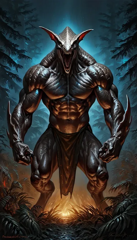 shark man, ready to fight, black body, open mouth, dark forest background, threatening, stands menacingly, full body, raptor like legs, proporcional muscular arms, muscular, illustration, (best quality, 4k, highres, masterpiece:1.2), ultra-detailed, realis...