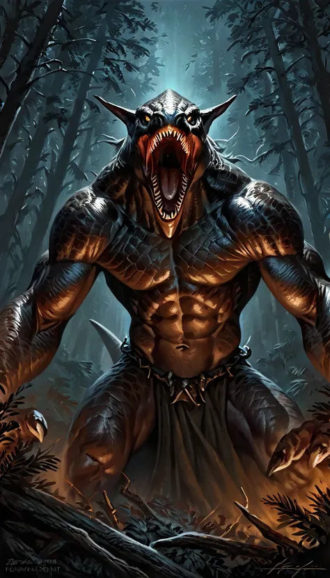 shark man, ready to fight, black body, open mouth, dark forest background, threatening, stands menacingly, full body, raptor like legs, proporcional muscular arms, muscular, illustration, (best quality, 4k, highres, masterpiece:1.2), ultra-detailed, realis...