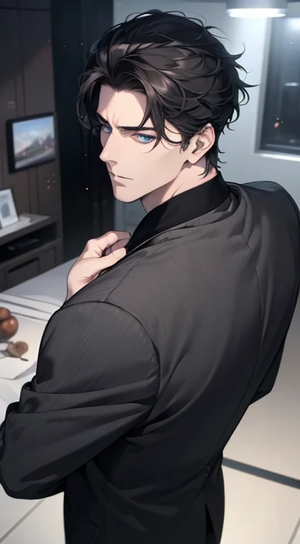 (best quality, masterpiece, 8K, photorealistic, cinematic lighting, 1:4 hdr image, top view, ultra detailed, beautiful image), a mature man, very handsome, short black hair, blue eyes, perfect face without errors , ((buttoning his jacket, CEO))